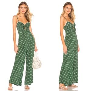 Agua Bendita Polka Dot Jumpsuit Women’s Small Green Lace Trim Bow Front Wide Leg
